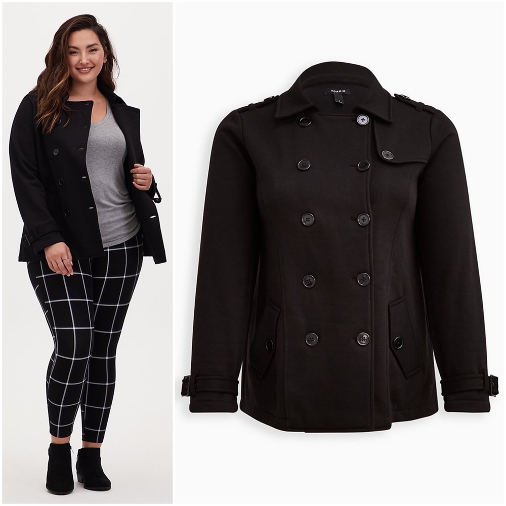 NWT Torrid 3 Double Breasted Fleece Peacoat, 3X 22 24, Stretch, Black Jacket